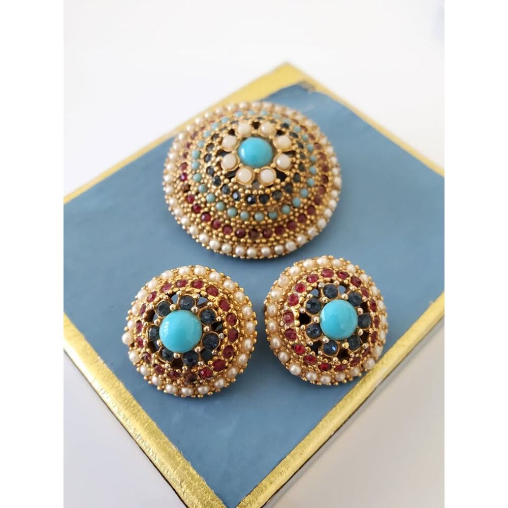 Vintage Art Designer Multicolor & Faux Pearl Dome Brooch and Clip On Earring Set - Picture 2 of 8